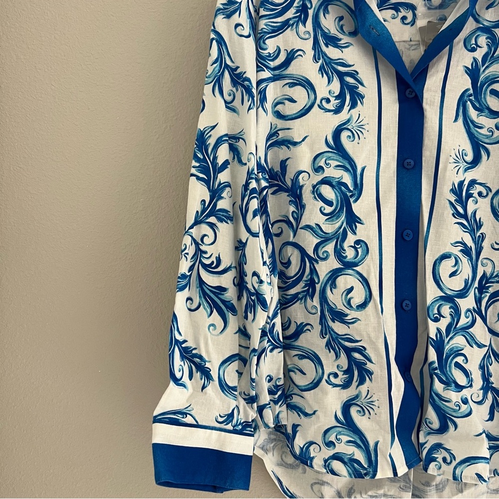 Investment Linen Button Down Shirt Blue White Scroll Print NWT Size L - Picture 7 of 8